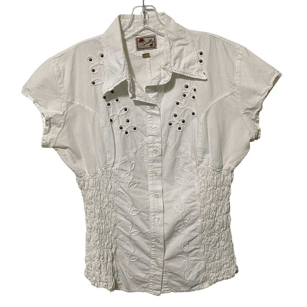 Y2K Scully Western Womens White Cotton Blouse XL Made in Peru Milkmaid Preppy